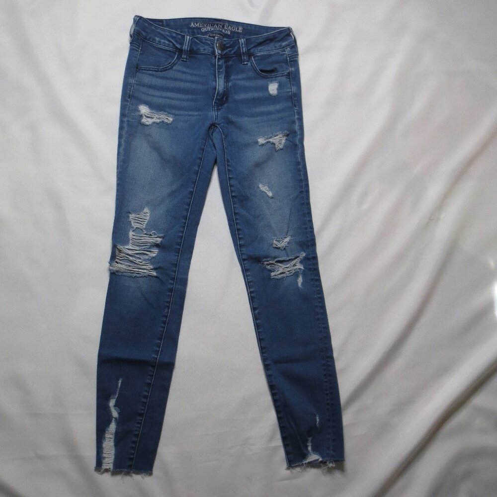 AMERICAN EAGLE womens JEANS blue DENIM frayed JEGGING stretch SIZE 2